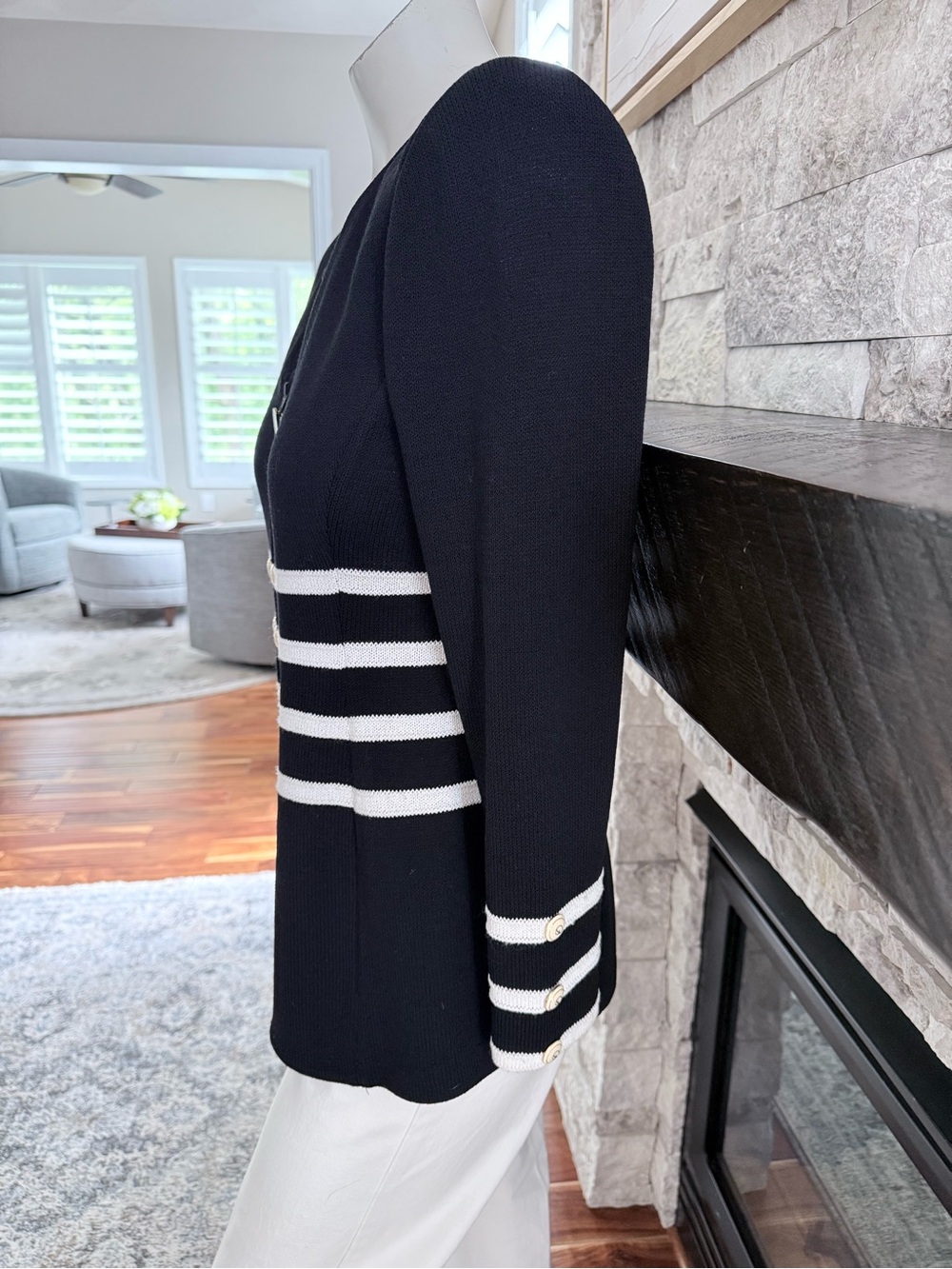 St. John Collection Santana Knit Striped Zip Jacket Black Ivory 4 - Picture 5 of 11
